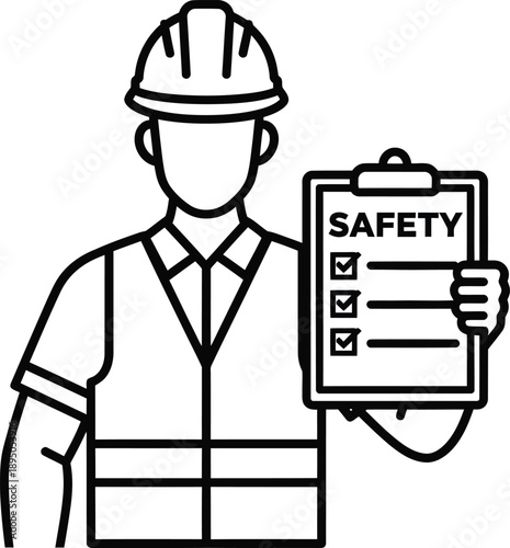 Construction worker holding safety checklist clipboard icon outline style