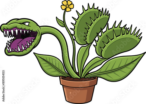 Scary cartoon Venus flytrap monster plant with sharp teeth and yellow flower in a pot for Halloween and creepy garden