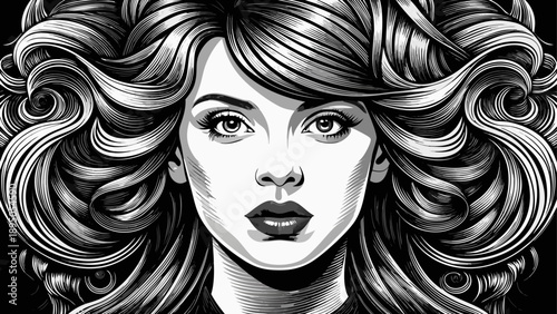 Very beautiful black and white close-up portrait showcasing diverse female hairstyles including curly, wavy, bun, and bangs, highlighting texture, contrast, and timeless elegance in modern hair stylin