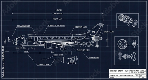 Airplane Blueprint Technical Drawing Schematic.