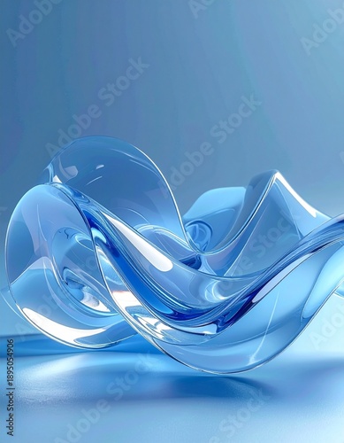 Abstract Blue Glass Wave Sculpture on a Gradient Background.