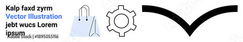 Gear icon, shopping bag, and bold arrow illustration with placeholder text. Ideal for retail, e-commerce, settings, navigation, branding, organization and a simple landing page
