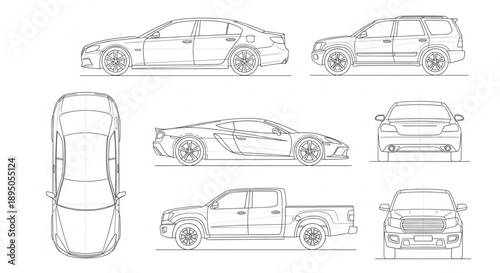 Automobile blueprint collection various vehicle types.