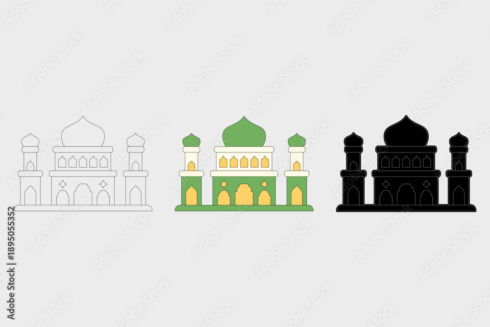 Fototapeta premium Illustration of a mosque in three different styles. A grand classic mosque with a combination of cream and pastel green colors. Ramadan theme, vector illustration.