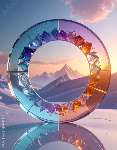 Abstract Crystal Ring with Mountain Landscape Reflection.