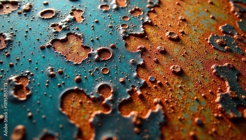 Flaking rust on aged metallic sheet, macro view, macro, industrial