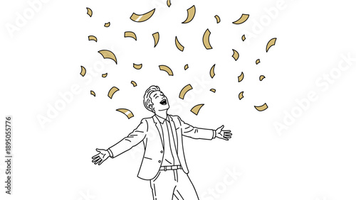 Joyful celebration with falling gold confetti and happy businessman in suit