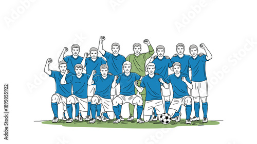 Winning team celebration with soccer players in blue jerseys