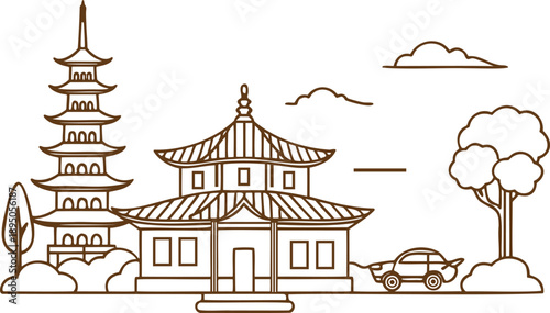 Asian architecture with pagoda and temple and car and trees and clouds in brown lines on white  a chinese landscape design