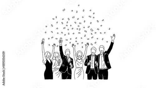 Celebration: group of people throwing confetti and raising hands in joyful party atmosphere