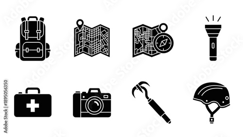 Adventure gear icons: backpack, map, flashlight, first aid kit, camera, climbing tools, helmet
