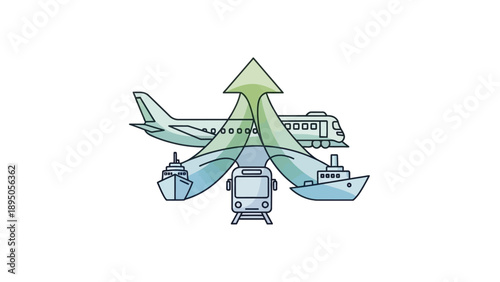 Diverse transportation modes converging upwards with an arrow.