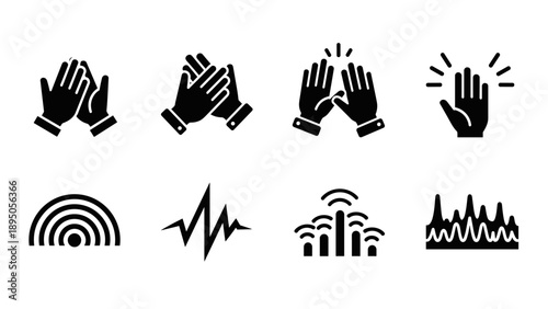 Set of applause icons and sound waves in black silhouette style