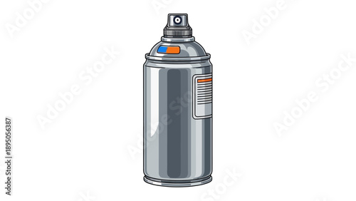 A silver spray can with a black nozzle and orange and blue accents.