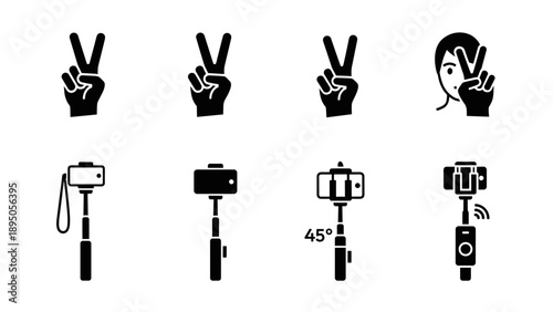 Silhouette icons of peace hand gestures and selfie sticks