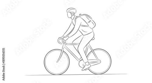 Cyclist riding bicycle with backpack and helmet in motion on road
