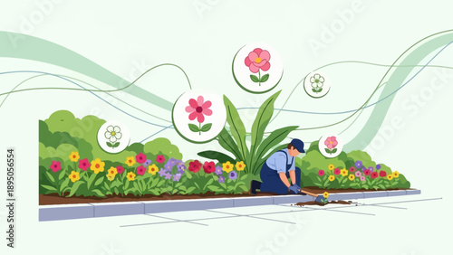 A person planting new flowers in a colorful garden bed.