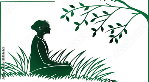 Person sitting in lotus position under tree with grass  serene and peaceful atmosphere in nature