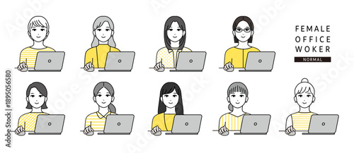 パソコンで業務をこなす女性のビジネスイラストセット