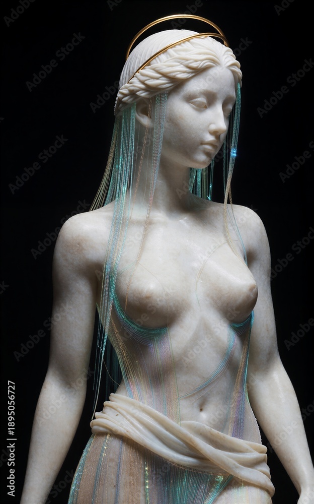 Fototapeta premium Marble angel statue with glowing threads, serene expression, golden halo against dark background.