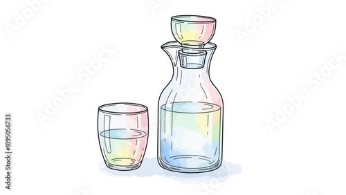 Japanese sake set with traditional tokkuri and ochoko, hand-drawn watercolor illustration.