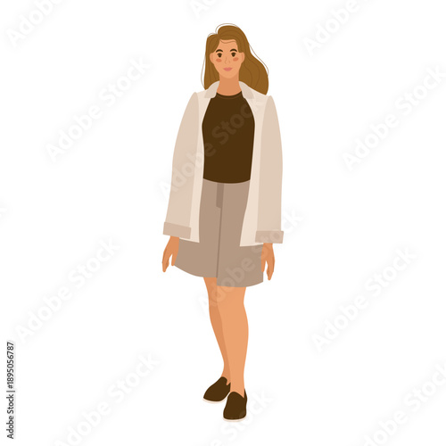 Young girl stands in modern summer clothes. She's wearing a T-shirt, shorts, a shirt, and loafers. Vector isolated illustration on a white background.