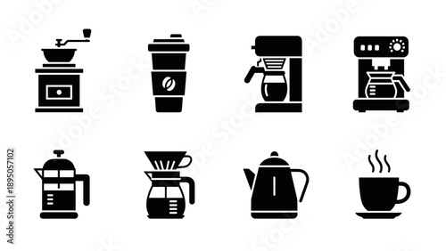 Coffee equipment silhouettes: grinder, kettle, mug, and machine icons