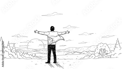 Man embracing nature in scenic landscape line art