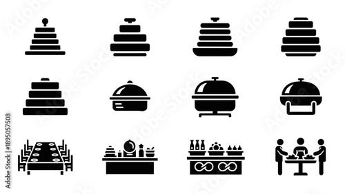 Buffet and catering icons in bold black silhouette style