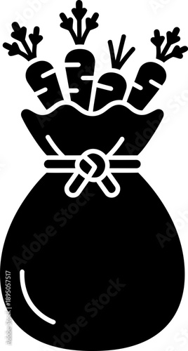 Sack of fresh carrot harvest with green tops. Vegetable bag farm product. Garden food package concept. Vector icon for agriculture design