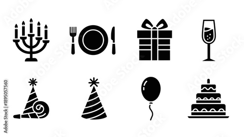 Celebration icons: party, dining, gift, and festive symbols in silhouette style