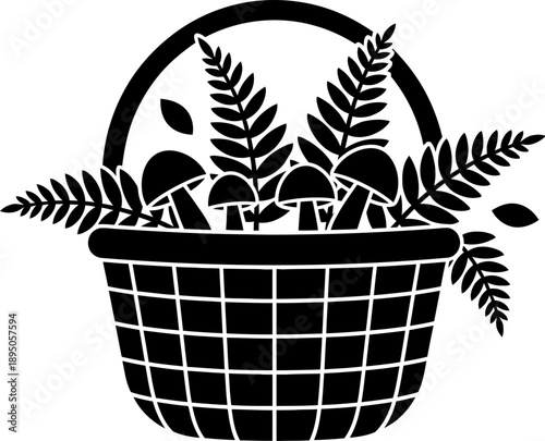 Basket with mushrooms and fern leaves. Forest harvest concept. Vector illustration for autumn season, nature design element, print