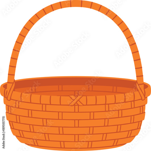 Professional vector illustration of an empty orange woven wicker basket with a sturdy handle for shopping picnics Easter gifts or storage on white background