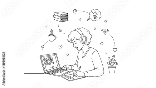 Online learning concept with person studying on laptop in linear style