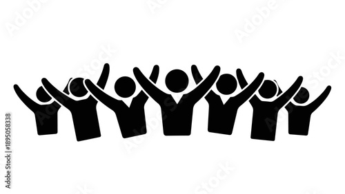Silhouette of celebrating people with raised hands on white background