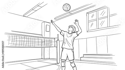 Outline style volleyball player serving ball in indoor court illustration