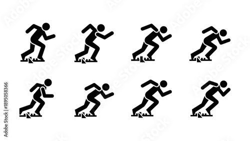 Silhouette stick figures running animation sequence on white background