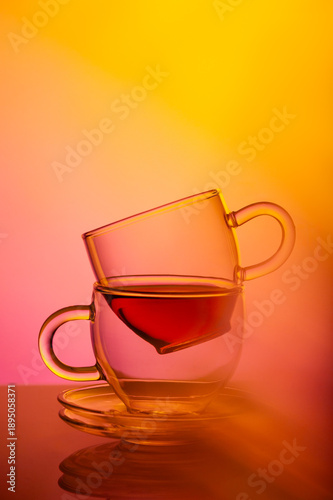 Transparent Glass Tea Cups with Hot Beverage, Minimalist Still Life with Balanced Composition, Clear Tableware, Studio Lighting, Reflection on Surface, Clean Background, Motion Blur