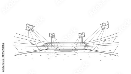 Outline of a modern sports stadium with illuminated floodlights