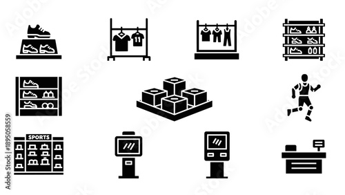 Sport store icon set: apparel, footwear, display, checkout, monochrome