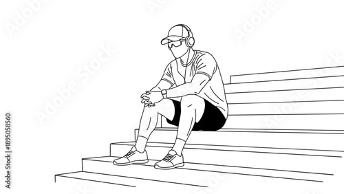 Minimalist line art of a casual man relaxing on steps with headphones