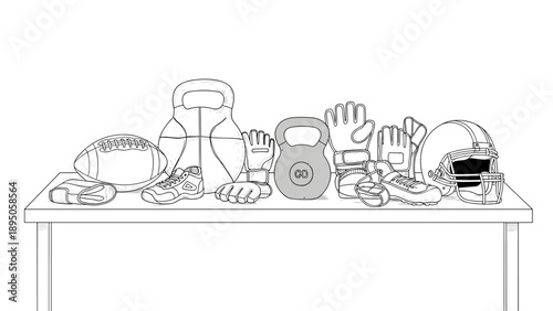 Monochrome outline of sports gear on table: helmet, gloves, kettlebell, rope, shoes
