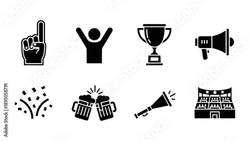 Sports celebration symbols: cheers, trophies, and fans in bold icons
