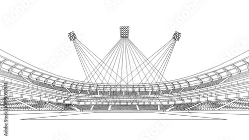 Linear outline of modern stadium with illuminated floodlights
