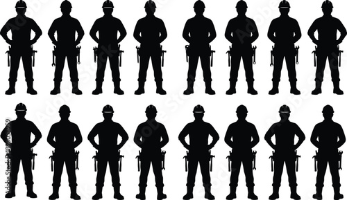Construction Workers Silhouette Set Standing With Tools, Industrial Labor Team Safety Uniform Engineer Technician Builder Repair Service Black White Vector