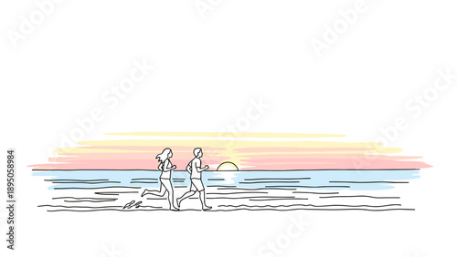 Minimalist linear art of jogging couple on the beach at sunset