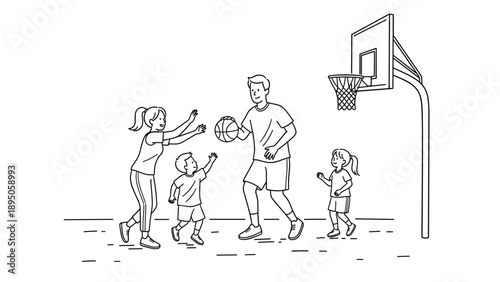 Family playing basketball together outdoors in a fun line art style