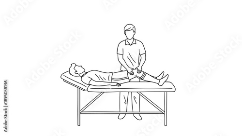 Physiotherapist assisting patient with leg exercise in linear style