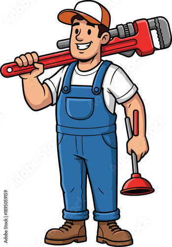 Smiling cartoon plumber mascot character wearing blue overalls and cap holding a large red pipe wrench and plunger on white background.