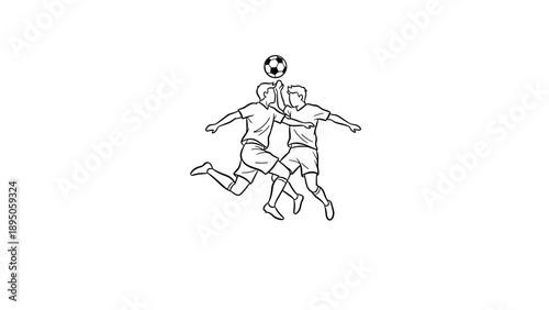 Dynamic soccer players contesting a header in minimalist line art style